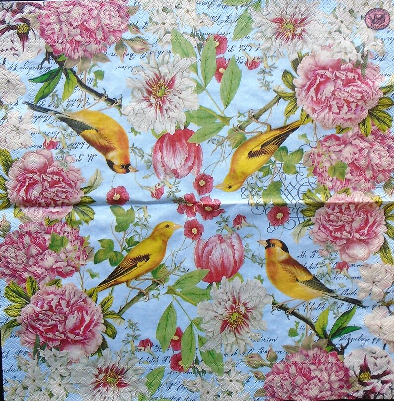 May include: A blue background with a floral pattern featuring pink peonies, white flowers, and yellow birds. The background is covered with a faded, handwritten text.