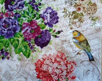 Four (4) Luncheon Napkins for Decoupage and Paper Crafts, Floral, Birds, Charming Garden