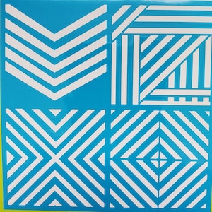 May include: A blue and white geometric pattern with four different designs. The patterns are made up of white lines on a blue background.