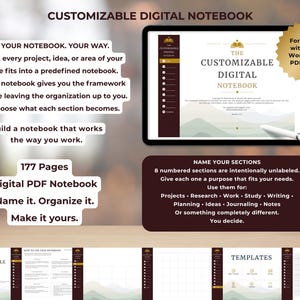 May include: A digital PDF notebook with 177 pages displayed on a tablet screen. The interface features a dark maroon sidebar with eight numbered, unlabeled sections. The cover page includes the text The Customizable Digital Notebook.