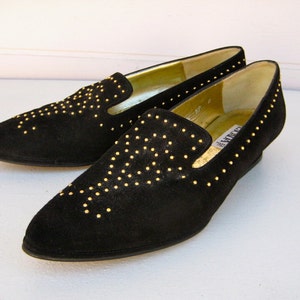 Vintage ESCADA Couture - Studded Black Suede Shoes - 80s Loafer Pumps - 1&quot; Heel - 8.5AA - Made in ITALY - Leather Sole