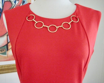 Early 90's - Calvin Klein- Red Tailored Dress with Gold Detail at Neckline - Lovely Condition - Fitted Cocktail - Size 8 P