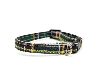 Christmas Cat Collar - "Green Tartan" - Forest Green - Safety Buckle/Breakaway - Festive/Holiday Cat Collar - Safe Collar - Cotton Collar