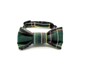 Cat Bow Tie Collar - "Green Tartan" - Christmas - Safety Buckle/Breakaway - Green - Festive/Holiday Cat Collar -Soft/Durable