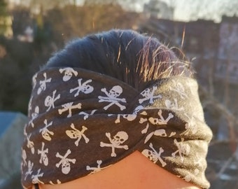 Headband - Knot Headband - Turban Headband - "Skulls" - Gifts for her - For Women - Jersey Hairband - Adult - Grey Headband - Anthracite