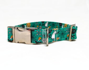 Dog Collar - Halloween - "Boo" - Emerald Green Dog Collar - Autumn/Fall Dog Collar - Creepy Dog Collars - Soft/Durable