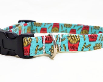 Dog Collar - "Fries" - Fast Food/Foodie Dog Collar - Turquoise/Light Blue - Fun/Funny/Cool Dog Collars - Hipster Dog Collar