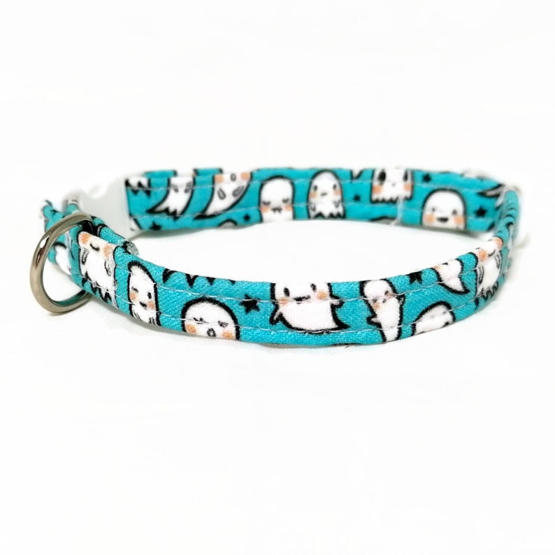 Cat Collar Breakaway Halloween Little Ghosts Light Blue Cat Collar Safety Cat Collar Soft Cotton Fabric Collars Funny/Cute image 4