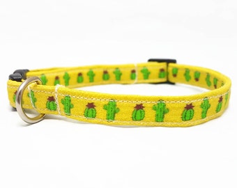 Cat Collar Breakaway - "Cactus 2.0" - Safety Cat Collar - Yellow Cat Collar - Hipster/Trendy Cat Collar - Soft Cotton Fabric Collars