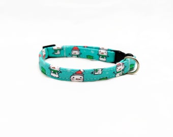 Christmas Cat Collar - "Snowmen" - Aqua - Safety Buckle/Breakaway - Festive/Holiday Cat Collar - Girl Cat Collar - Winter