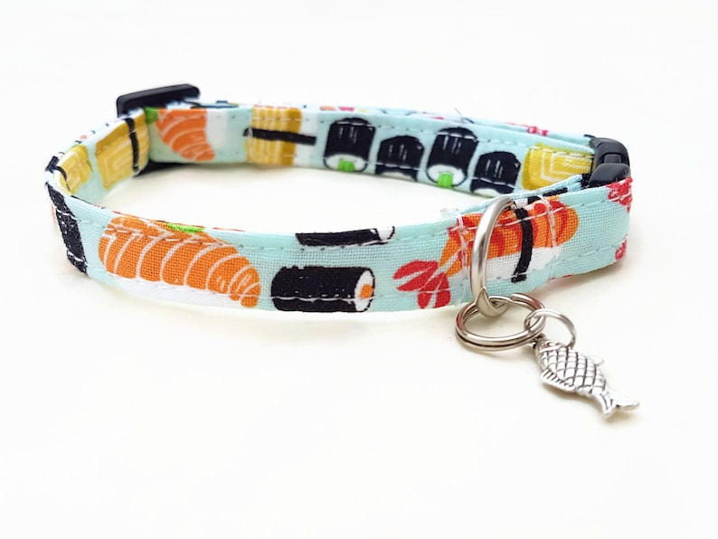 Katzenhalsband Sushi Sicherheitsverschluss/Breakaway Hellblau Baumwollstoff mit Gurtbandkern Witziges Halsband Bild 2