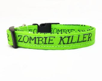 Hundehalsband - Halloween -  "Zombie Killer" - Neon Grünes Hundehalsband - Witziges Spruchhalsband - Lustiges Hundehalsband - Weich/Stabil