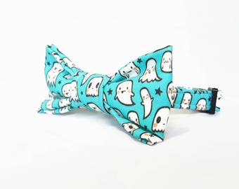 Cat Bow Tie Collar - Halloween - "Little Ghosts" - Light Blue - Safety Buckle/Breakaway - Seasonal - Cute/Fun Cat Collars - Soft Cotton Bow