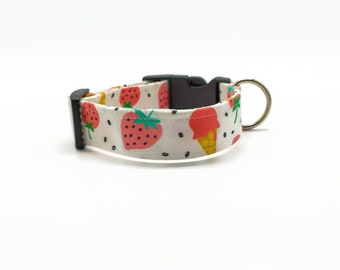 Dog Collar - "Summer Love" - White - Soft Dog Collar - Strawberry/Ice Cream - Cute Collar - Small/Medium/Large - Cotton Dog Collar