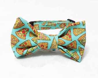 Cat Bow Tie Collar - "Pizza" - Fast Food/Foodie Cat Bow Tie Collar - Turquoise/Light Blue - Funny/Fun Cat Bow Tie - Cool/Hipster Cat Collar