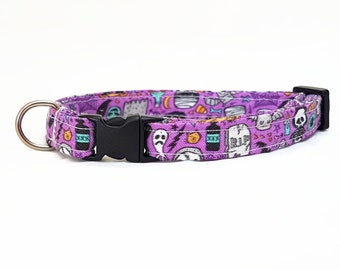 Cat Collar Breakaway - Halloween Collar - "Graveyard Party" - Purple Cat Collar - Monster Cat Collar - Cute Fun Collars - Fall/Autumn Collar