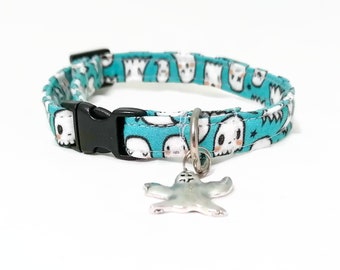 Cat Collar Breakaway - Halloween - "Little Ghosts" - Light Blue Cat Collar - Safety Cat Collar - Soft Cotton Fabric Collars - Funny/Cute