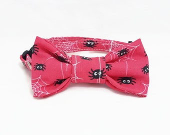 Cat Bow Tie Collar - Halloween - "Cheeky Spiders" - Pink - Safety Buckle/Breakaway - Seasonal/Festive - Cute/Fun Cat Collars - Fall/Autumn