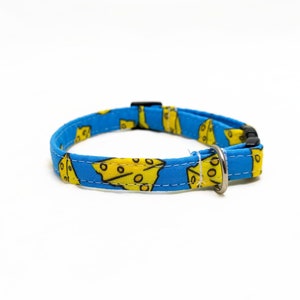 Cat Collar Breakaway - "Cheese" - Blue - Funny Cat Collar - Safety Cat Collar - Food Cat Collar - Soft Cotton Collar - Safe Collar
