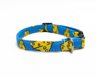 Cat Collar Breakaway - "Cheese" - Blue - Funny Cat Collar - Safety Cat Collar - Food Cat Collar - Soft Cotton Collar - Safe Collar