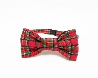 Cat Collar with Bow Tie - "Tartan" -Safety Buckle/Breakaway Cat Bow Tie-  Red Plaid/Christmas Cat Bow Tie Collar - Cotton Cat Bow Tie Collar