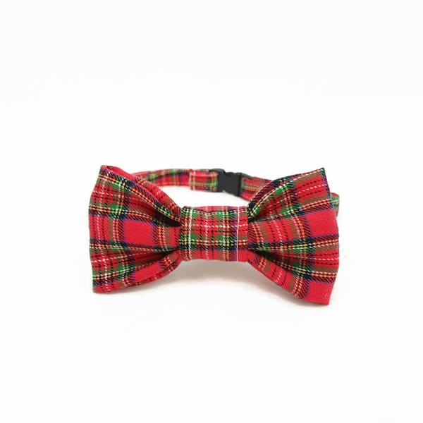 Cat Collar with Bow Tie - "Tartan" -Safety Buckle/Breakaway Cat Bow Tie-  Red Plaid/Christmas Cat Bow Tie Collar - Cotton Cat Bow Tie Collar