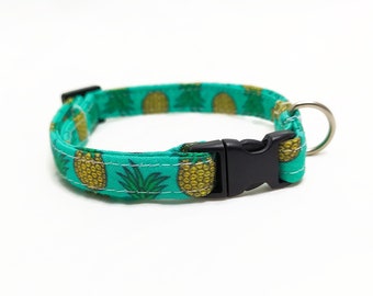 Cat Collar Breakaway - "Pineapple 3.0" - Tropical Cat Collar - Safety Cat Collar - Turquoise Cat Collar - Soft/Durable Cotton Cat Collar