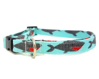 Cat Collar Breakaway - "Shark" - Safety Cat Collar - Light Blue Cat Collar- Soft Cotton Fabric Collar - Fun/Cute Cat Collars - Durable/Safe