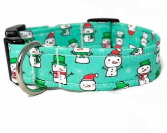 Christmas Dog Collar - "Snowmen" - Aqua - Festive Dog Collar - Holiday Collar - Girl Dog Collar - Winter Dog Collar - Pastel Collar