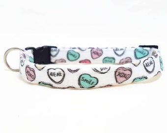 Cat Collar Breakaway - Valentines Day Cat Collar - "Candy Hearts" - Pastel/White - Safety Cat Collar - Soft Cotton Collar - Cute/Fun Collar