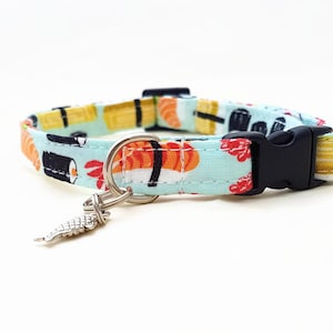 Cat Collar Breakaway - "Sushi" - Safety Cat Collar - Light Blue Cat Collar - Soft Cotton Fabric Collar - Fun Cat Collar - Food/Japanese