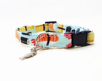 Cat Collar Breakaway - "Sushi" - Safety Cat Collar - Light Blue Cat Collar - Soft Cotton Fabric Collar - Fun Cat Collar - Food/Japanese