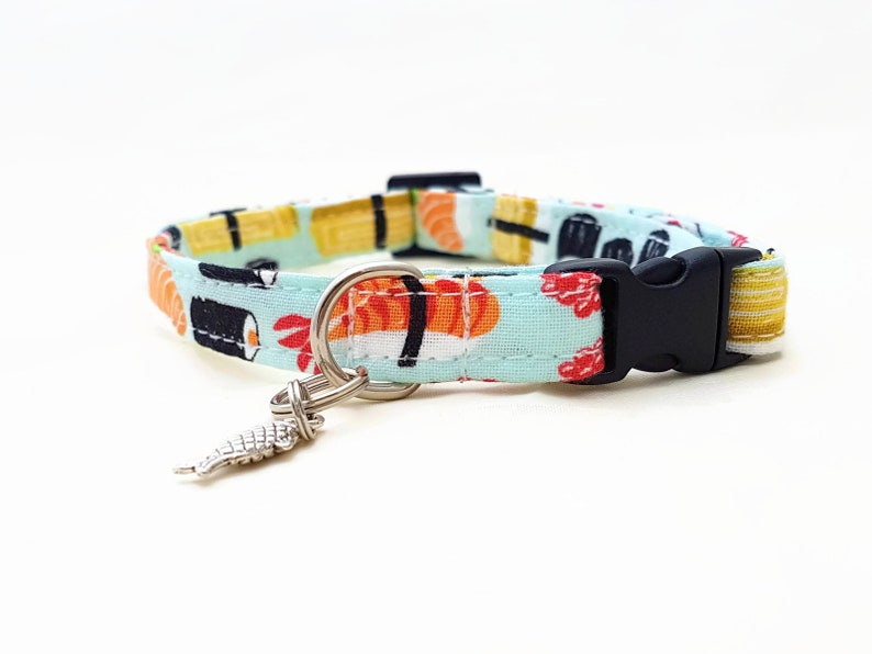 Cat Collar Breakaway Sushi Safety Cat Collar Light Blue Cat Collar Soft Cotton Fabric Collar Fun Cat Collar Food/Japanese image 1