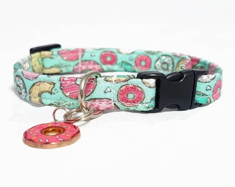 Cat Collar Breakaway - "Donut 2.0" - Safety Cat Collar - Doughut/Mint - Soft Cotton Fabric Collar - Cute Fun Cat Collars - Safe/Durable