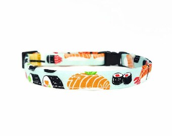 Cat Collar Breakaway - "Sushi" - Safety Cat Collar - Light Blue Cat Collar - Soft Cotton Fabric Collar - Fun Cat Collar - Food/Japanese