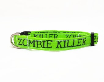 Cat Collar Breakaway - Halloween - "Zombie Killer" - Lime Green Cat Collar - Safety Cat Collar - Funny Quote Collar - Fun/Trend Cat Collar