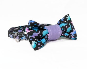 Cat Bow Tie Collar - "Dinosaur in Love" - Black/Purple-Turquoise - Cute Cat Accessory - Soft Cat Collar - Safe Collars - Cotton Cat Bow Tie