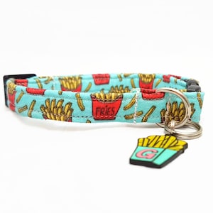 Cat Collar Breakaway - "Fries" - Funny/Foodie/Fast Food Cat Collar - Safety Cat Collar - Light Blue/Turquoise  - Valentines Day