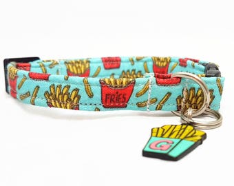Cat Collar Breakaway - "Fries Before Guys" - Funny/Foodie/Fast Food Cat Collar - Safety Cat Collar - Light Blue/Turquoise  - Valentines Day