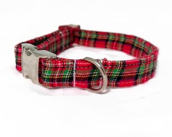 Dog Collar with Aluminum Buckle - "Tartan" - Red/Green - Christmas Dog Collar - Elegant Dog Collar - High Quality Collar - Small to big dogs