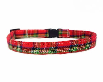 Cat Collar Breakaway - "Tartan" - Safety Cat Collar -  Red Plaid - Soft Cotton Collar - Classic Cat Collar - Holiday/Christmas/Festive