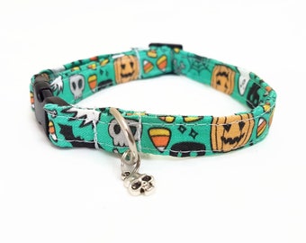 Katzenhalsband - Halloween - "Boo" - Sicherheitsverschluss/Breakaway - Smaragd Grün - Baumwollstoff mit Gurtbandkern - Witziges Halsband