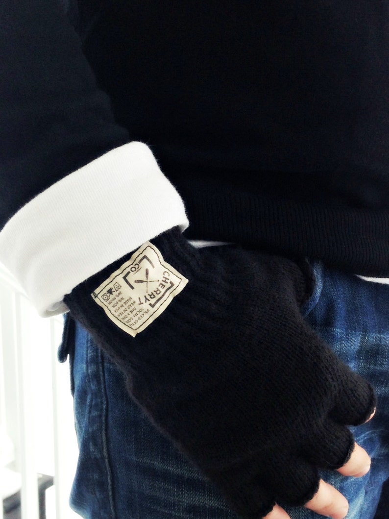Knit Fingerless Gloves. Men's Hudson Wool Black Fingerless Etsy