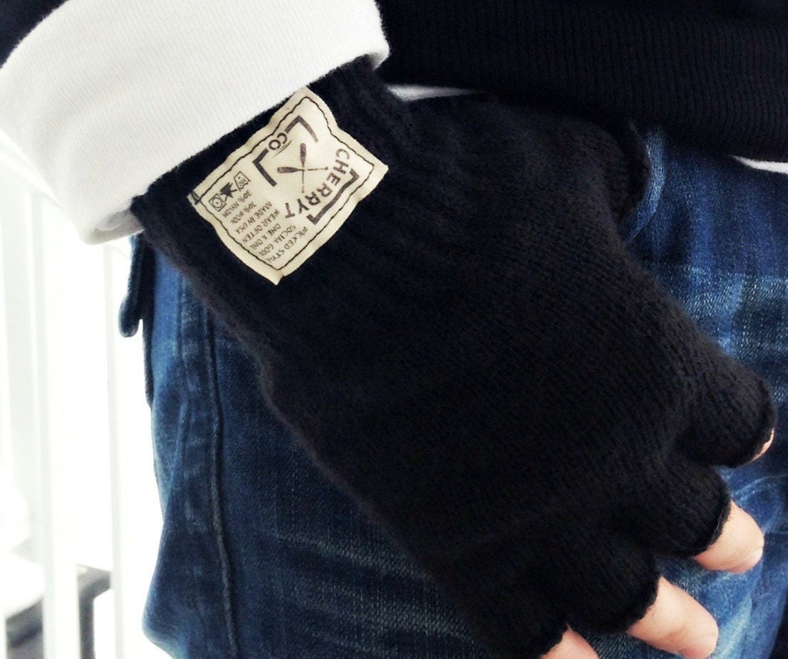 Mens Black Fingerless Wool Gloves Fingerless Gloves Outdoor Etsy