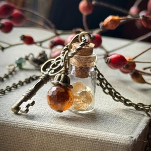 La bière de l'enchanteur. N° 147. Collier petite bouteille en verre avec pierres précieuses de citrine