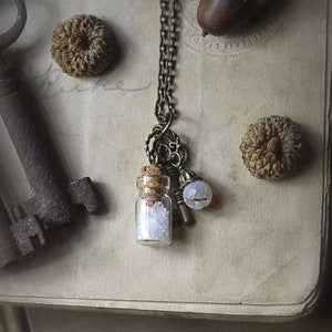 The Enchanter's Brew. No. 33. Mini Bottle Necklace with Rainbow Moonstone Gemstone Chips