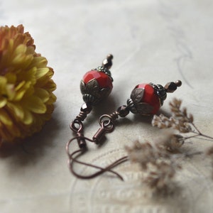 Red Glass Bead and Antique Copper Fairy Core Edwardian Earrings