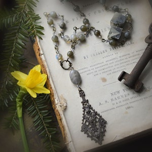 Mabon Myst. Labradorite Gemstone and Brass Filigree Dark Cottage Core Necklace