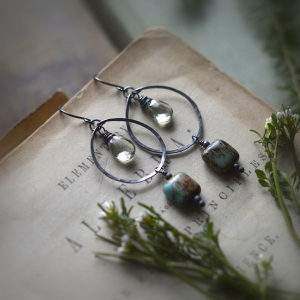 Dovely Realms No.9.  Rustic Hammered Textured Hoop Sterling Silver Earrings with Aqua Terra Jasper and Green Amethyst