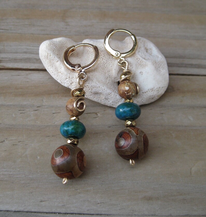 Green and brown earthy gemstone earrings Colorful boho chic earring Long ethnic gold hoop earrings Gold filled rustic dangle earrings